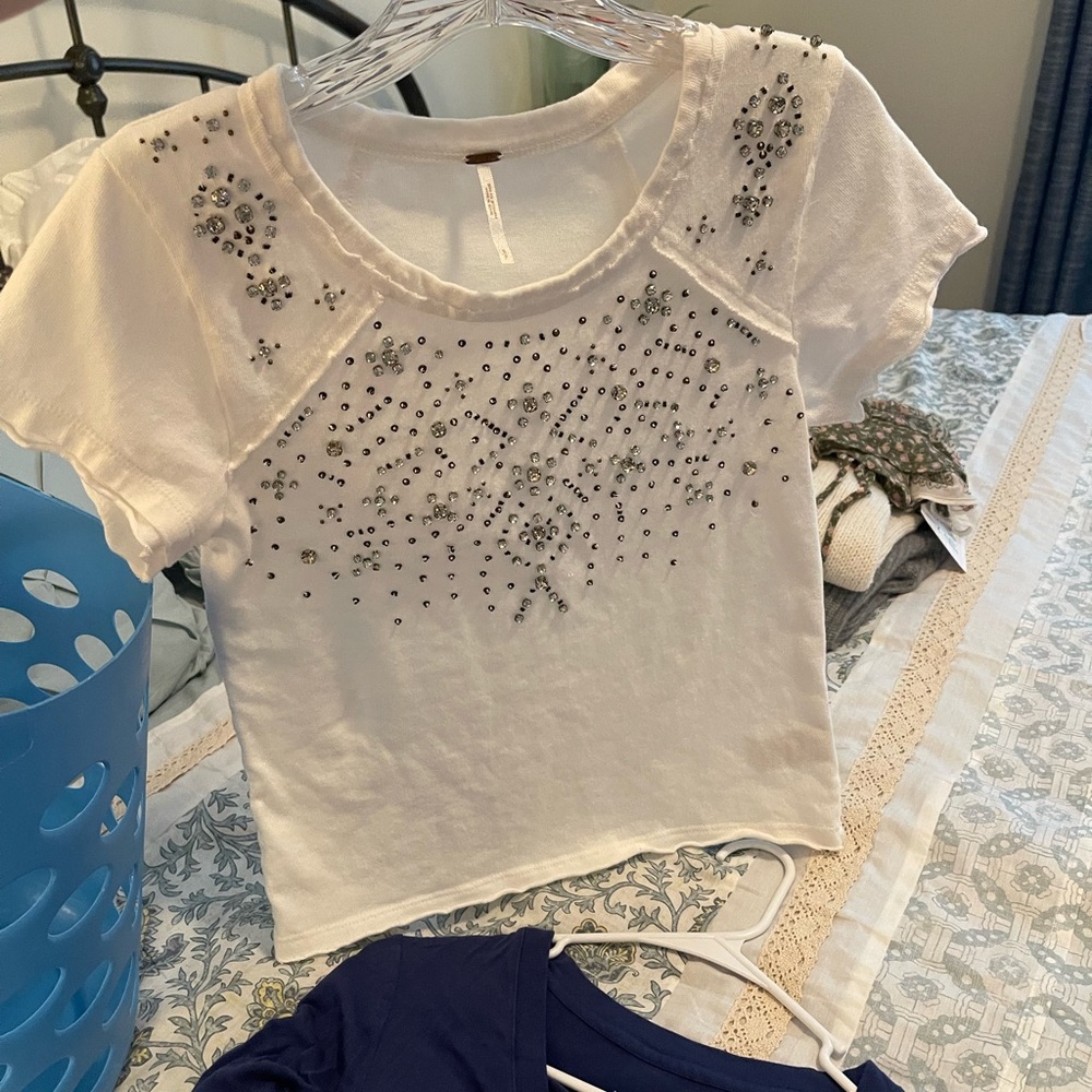 Free People White Short Sleeve Embellished Tee - Picture 8 of 8